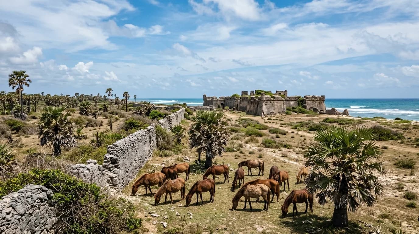 Wild feral ponies grazing near ancient coral stone walls on Delft Island, Sri Lanka