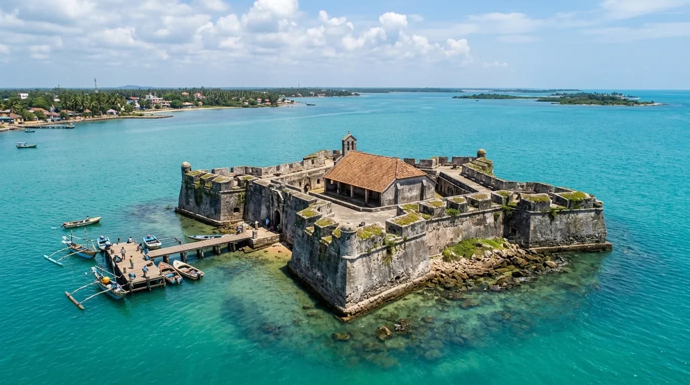 Historic Fort Hammenhiel 17th-century coral stone sea fort surrounded by turquoise waters in Jaffna Sri Lanka