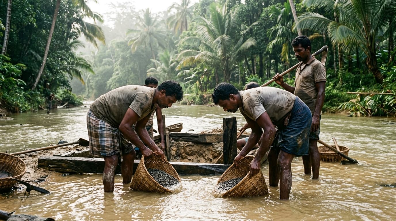 Traditional alluvial gem mining in Ratnapura, Sri Lanka with artisanal miners washing illam gravel in nambiliya baskets