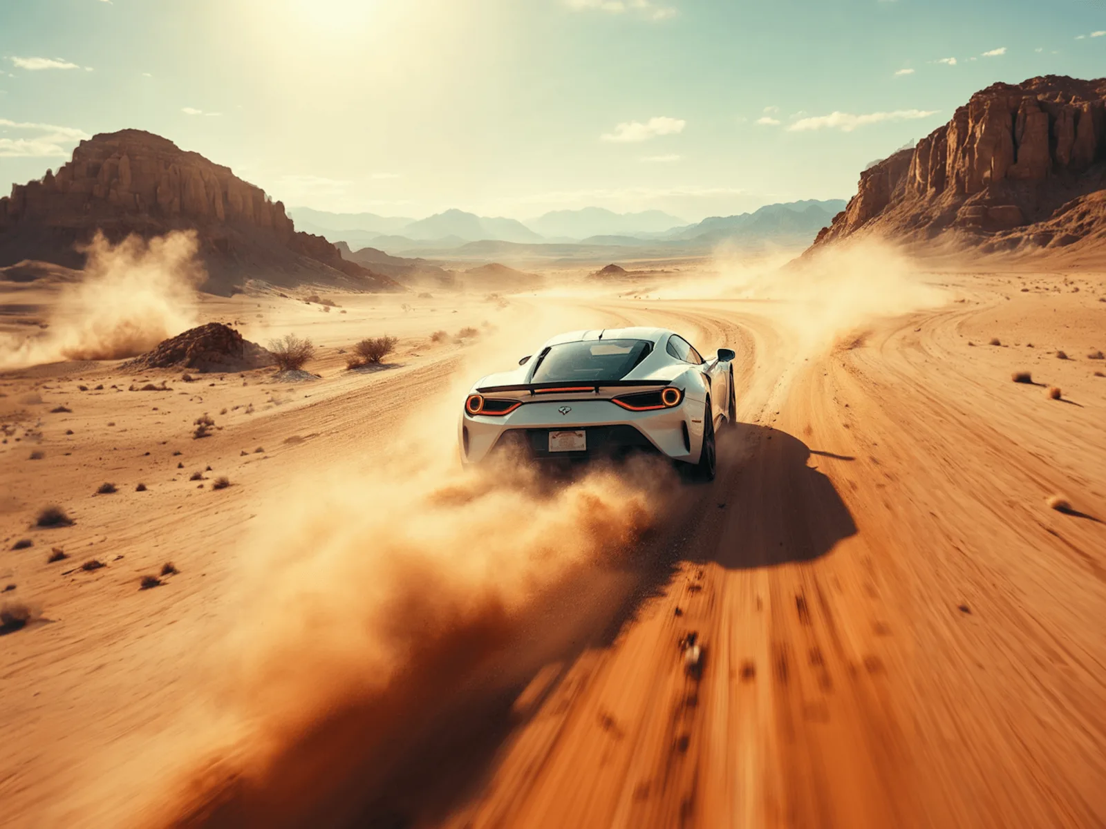 Jeep driving over desert dunes during sunset with warm golden sky.