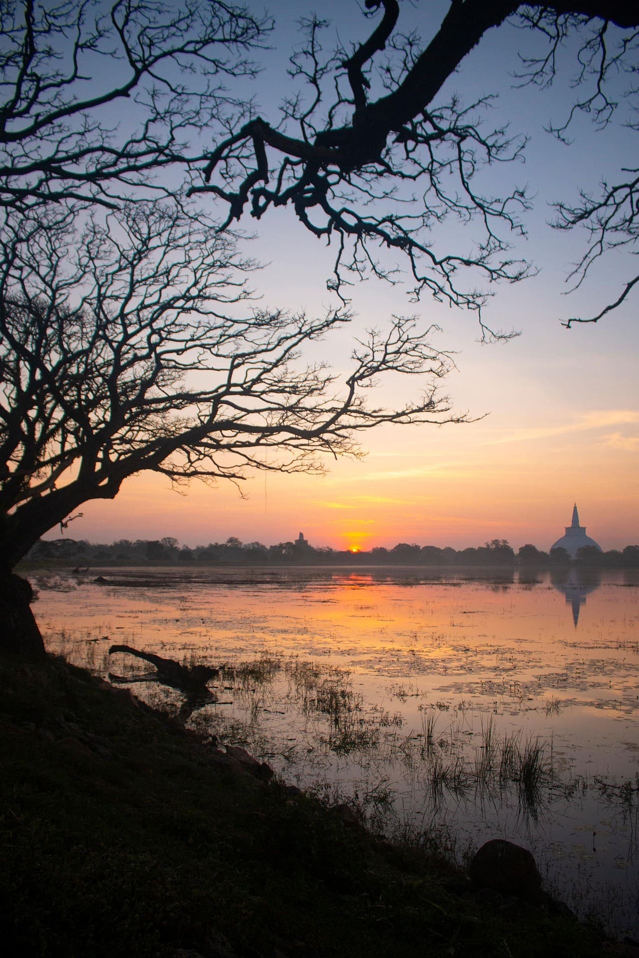 Ancient white Buddhist stupa reaching into the blue sky in the historic city of Anuradhapura.