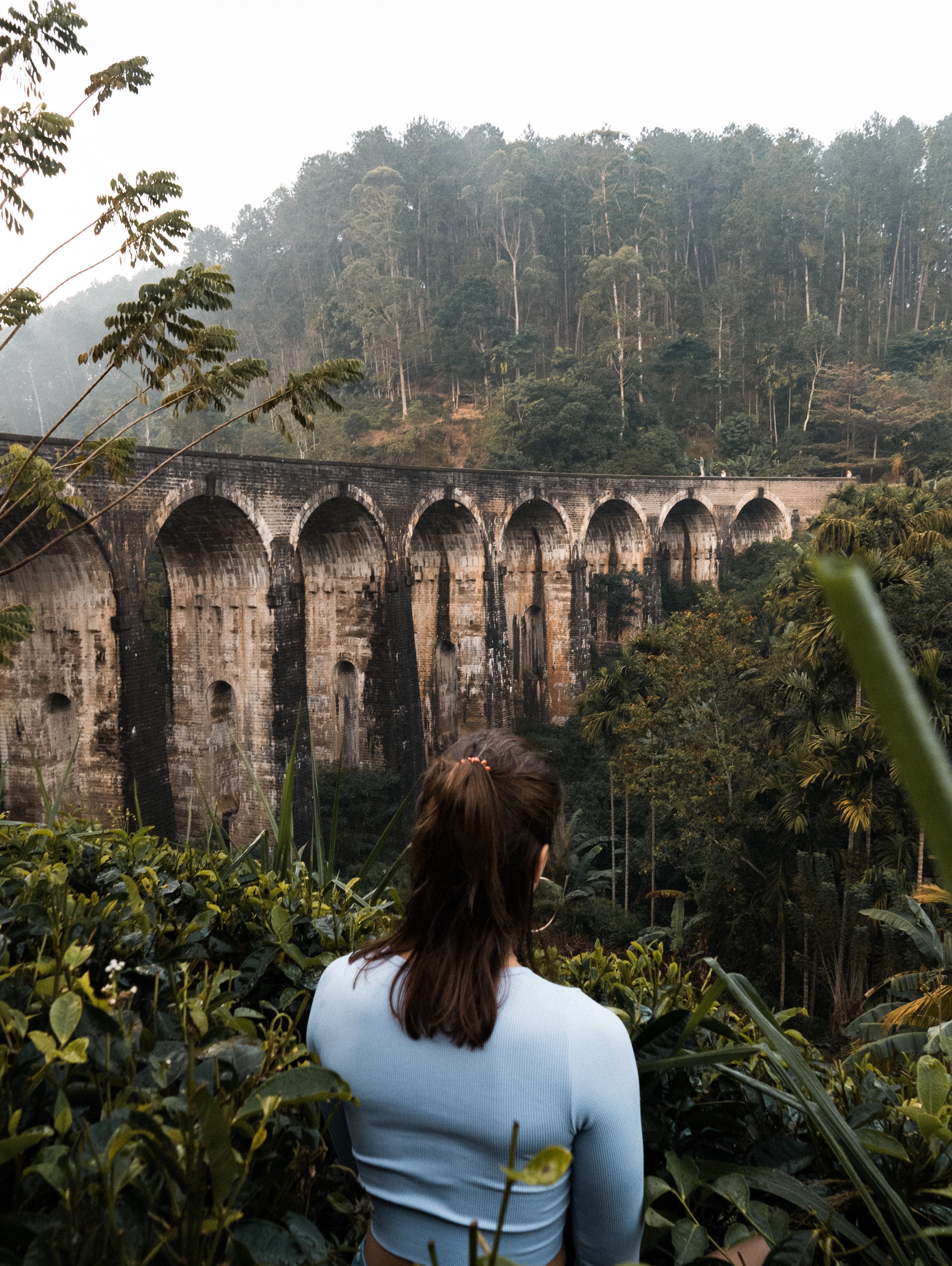 Historic colonial stone viaduct framed by tea gardens and misty mountain air in Ella.