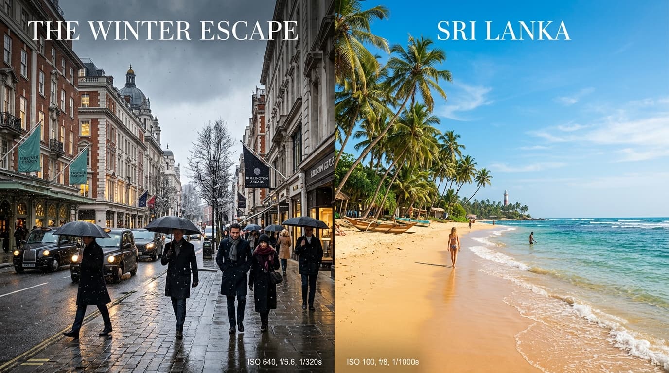 Visual contrast between a cold rainy German winter street and a sunny golden beach on Sri Lanka's south coast