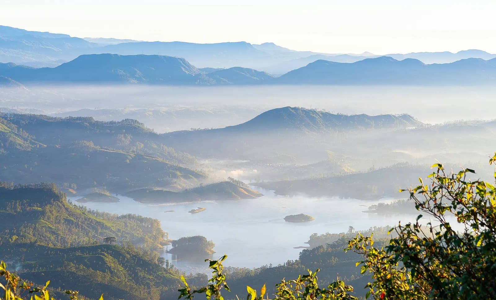 Layered misty ridges in the central highlands of Sri Lanka at sunrise