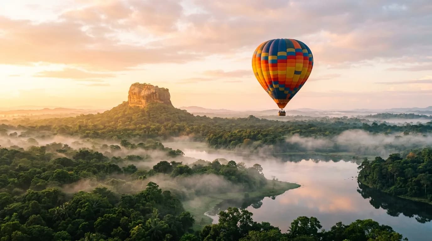 Hot-air balloon floating above mist-covered lake and forest in Sri Lanka
