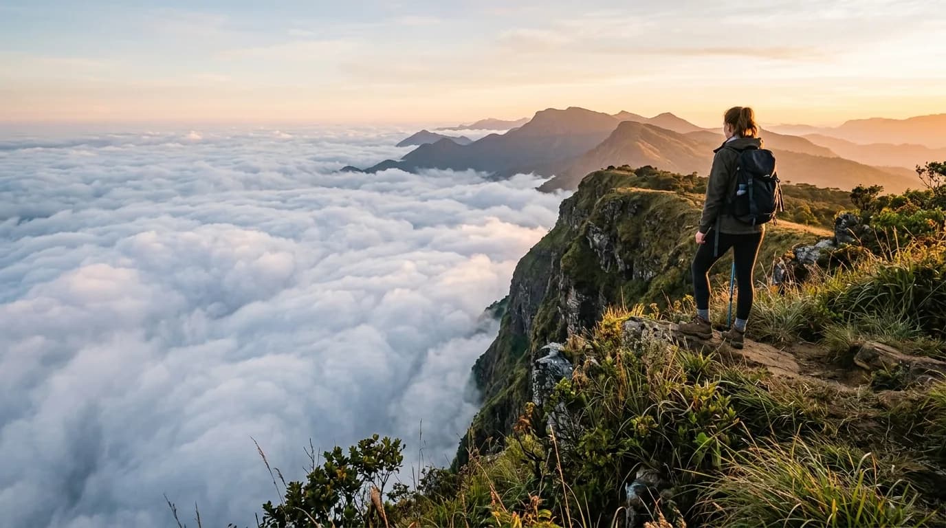 Hiker looking out over sea of clouds from the vertical cliff of Madulsima Mini World's End in Sri Lanka