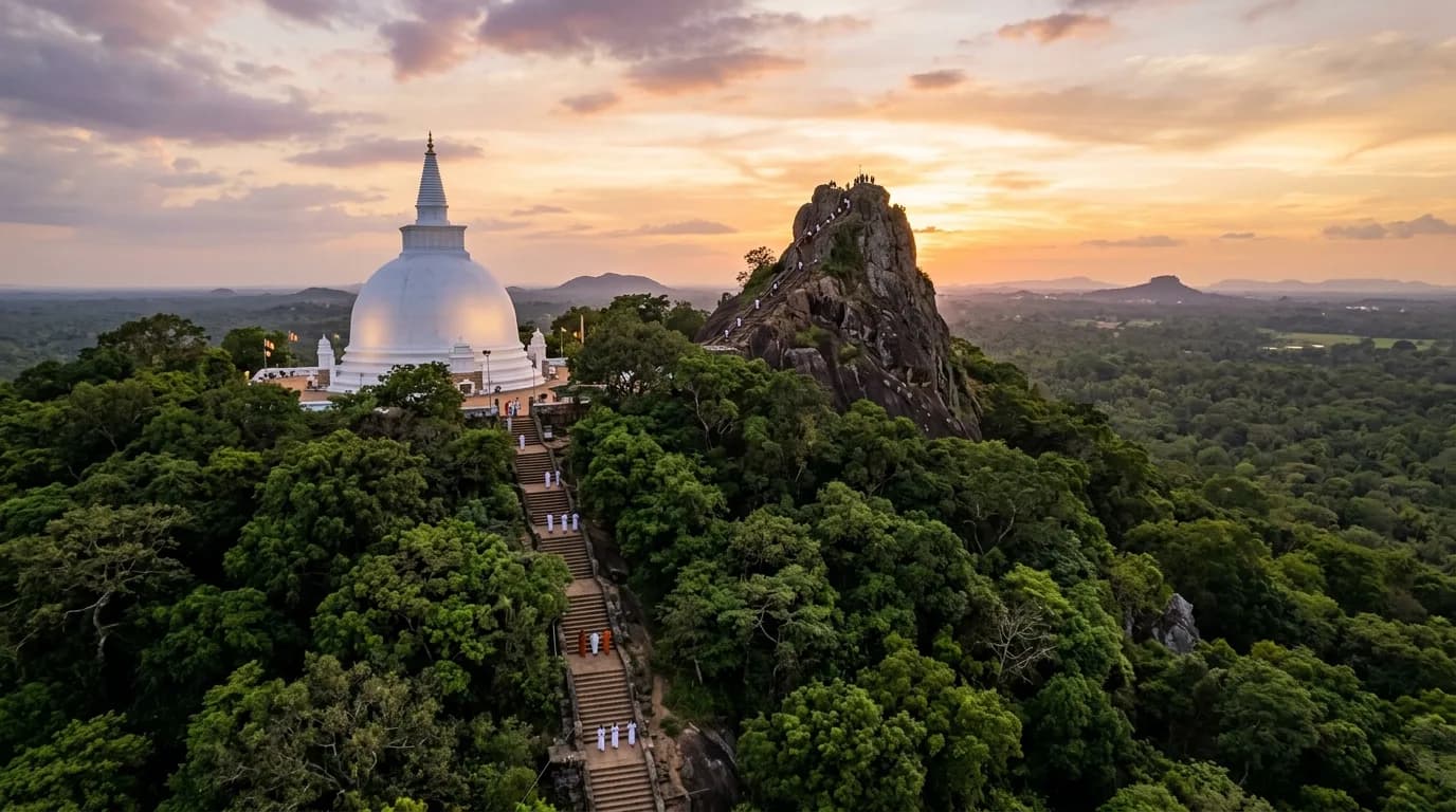 White Mahaseya stupa and Aradhana Gala peak at Mihintale near Anuradhapura Sri Lanka