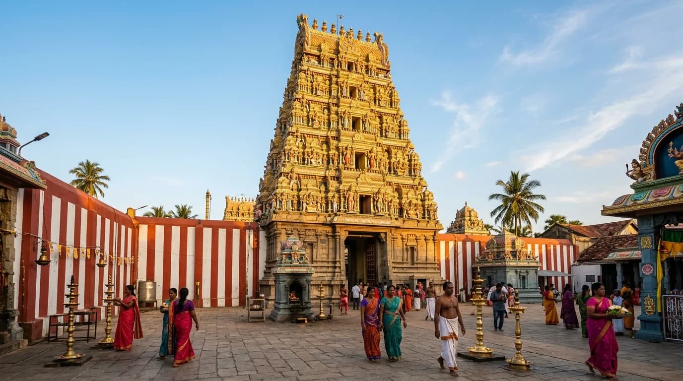 Ornate golden Dravidian gopuram at Nallur Kandaswamy Kovil in Jaffna Sri Lanka