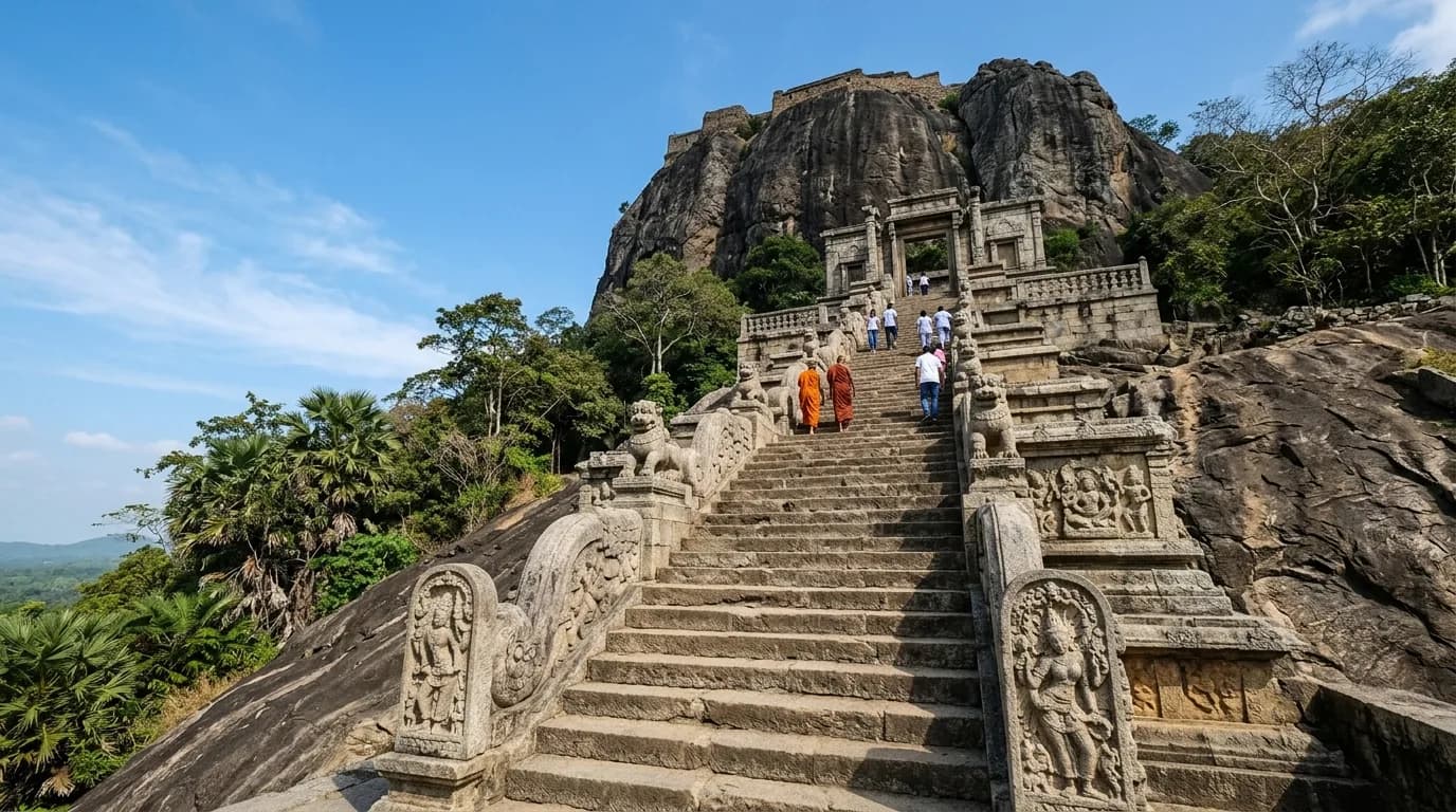 Yapahuwa Rock Fortress staircase and rocky cliff