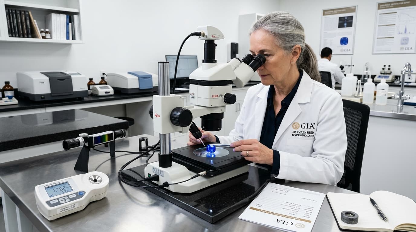 Senior gemologist inspecting a natural Ceylon sapphire under a dual-ocular laboratory microscope with testing report