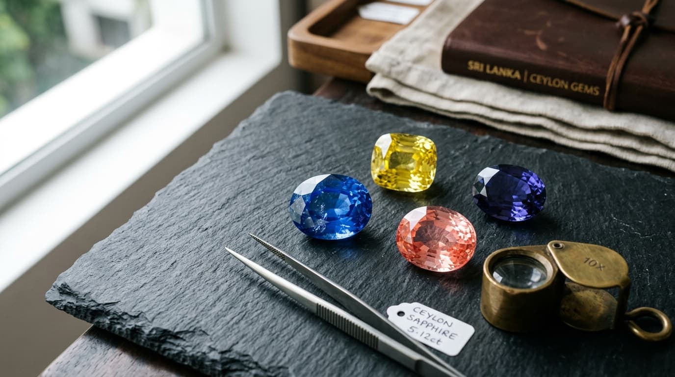 Fine natural Sri Lankan Ceylon sapphires, Padparadscha, and precious gemstones displayed on slate in an appraisal laboratory