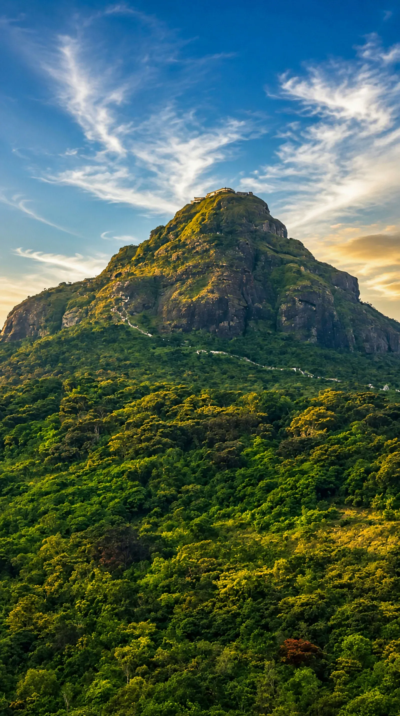 Sacred temple reaching towards clear blue sky in Sri Lanka.