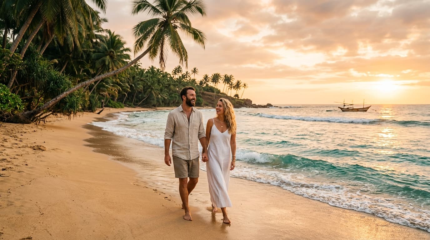 European couple enjoying sunset on a golden tropical beach in southern Sri Lanka during German winter