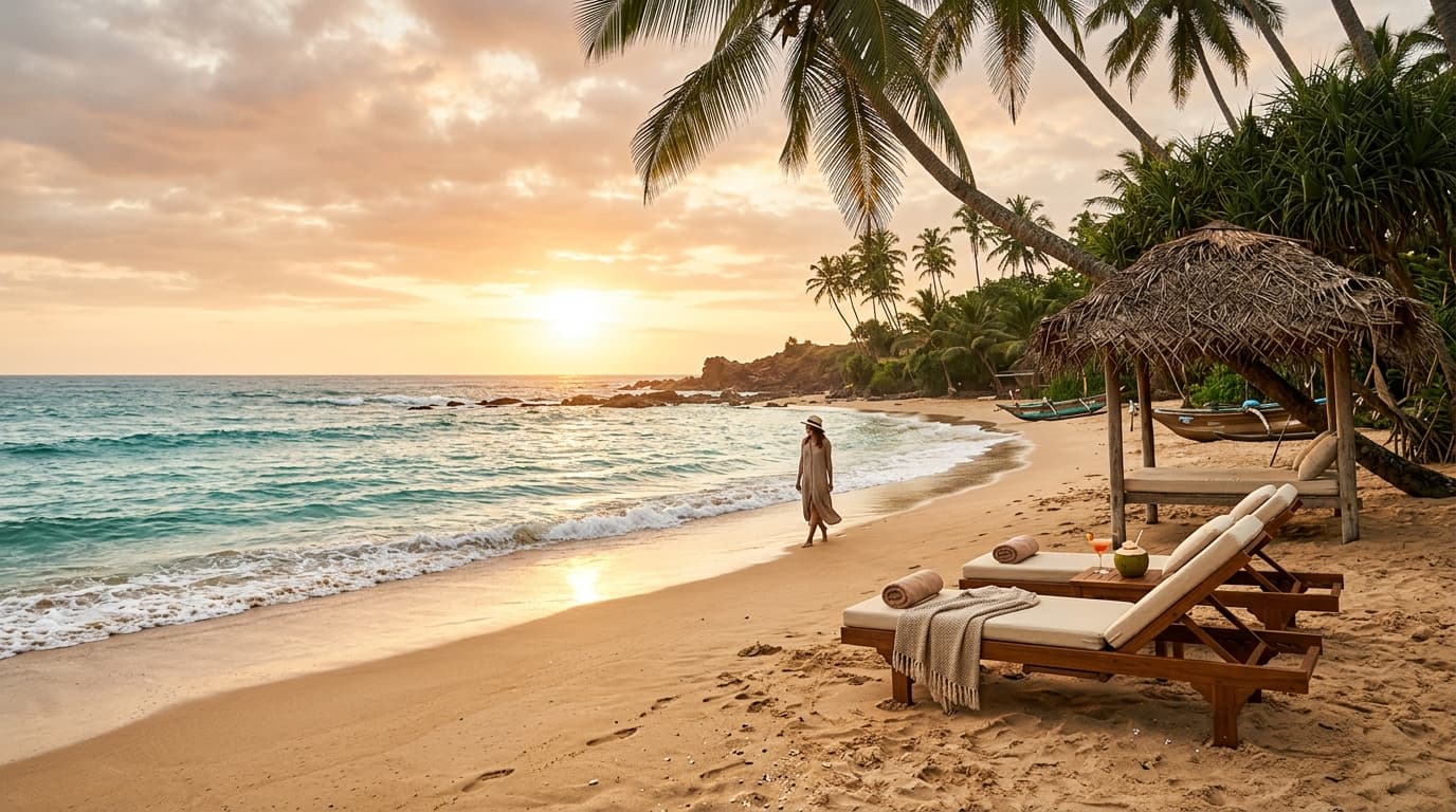 Golden hour tropical beach on Sri Lanka's south coast during the UK winter sun travel season