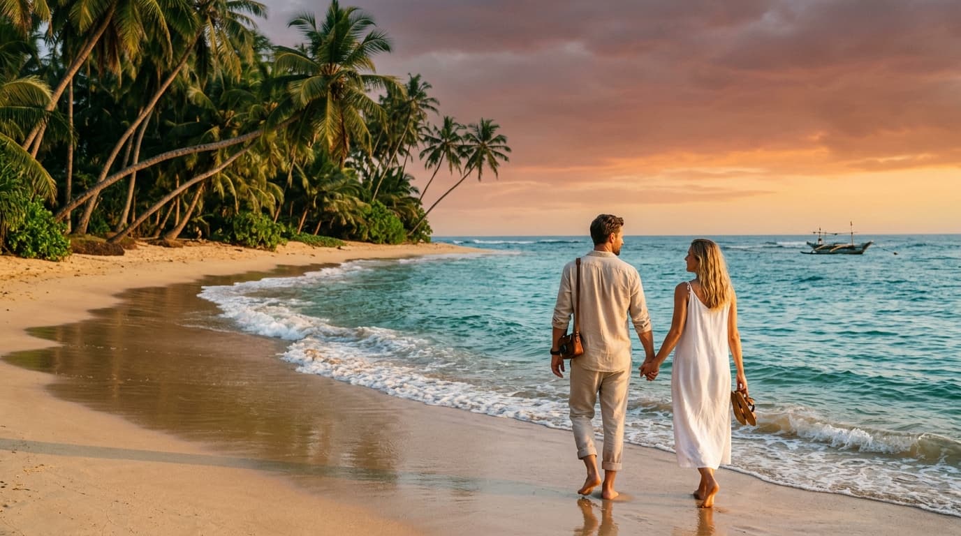 European couple walking barefoot on a golden palm-fringed tropical beach at sunset in southern Sri Lanka during winter
