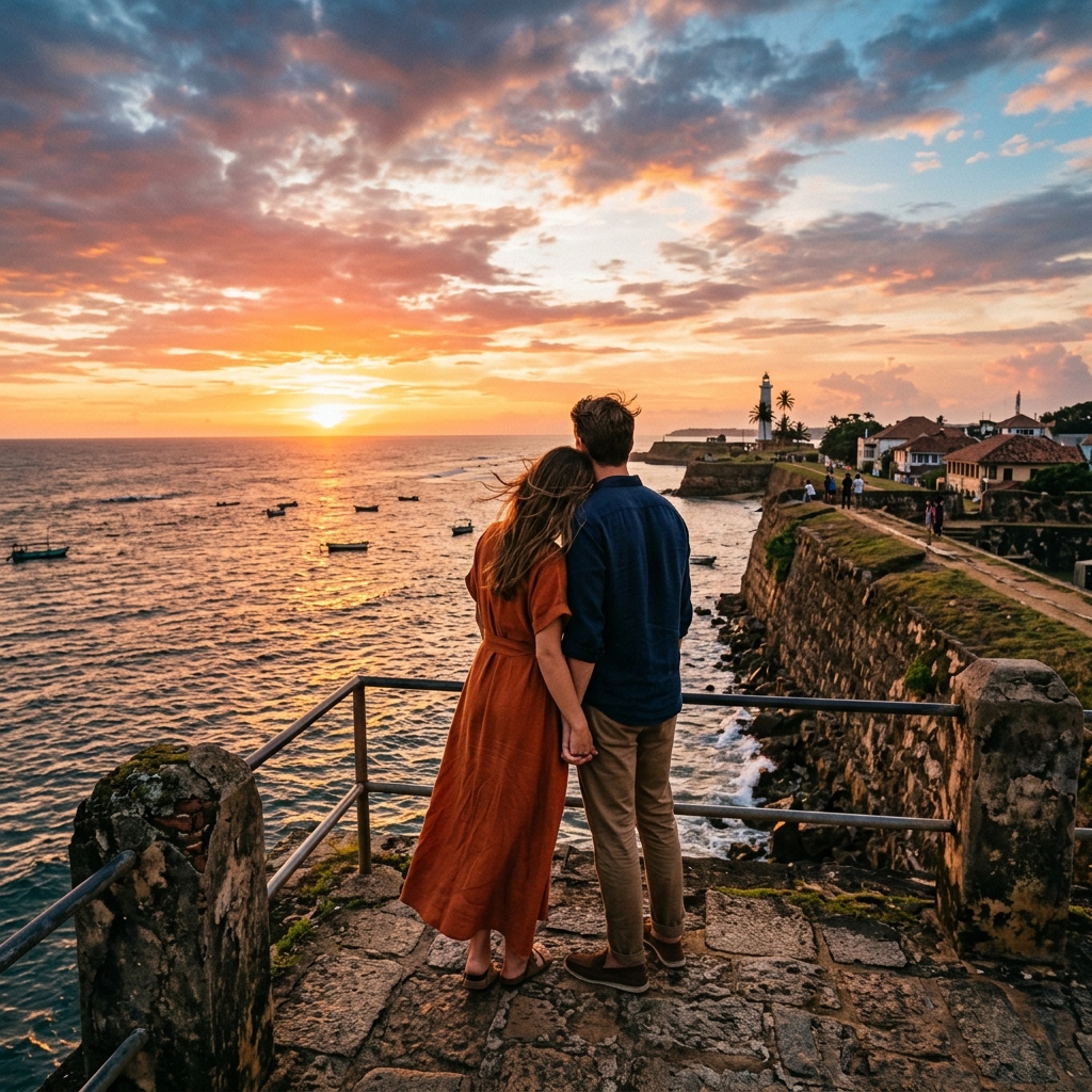 Couple watching sunset from Galle Fort ramparts