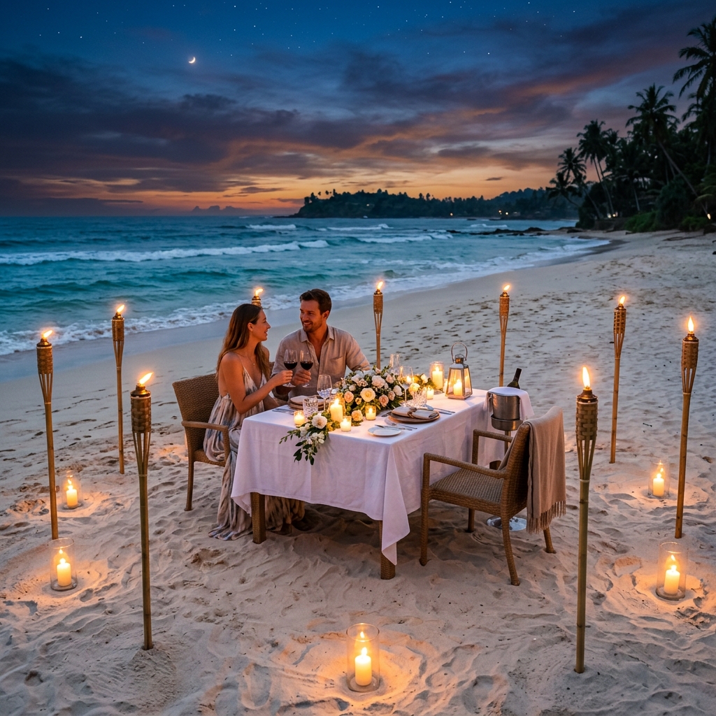 Private candlelit beach dinner at night on south coast Sri Lanka