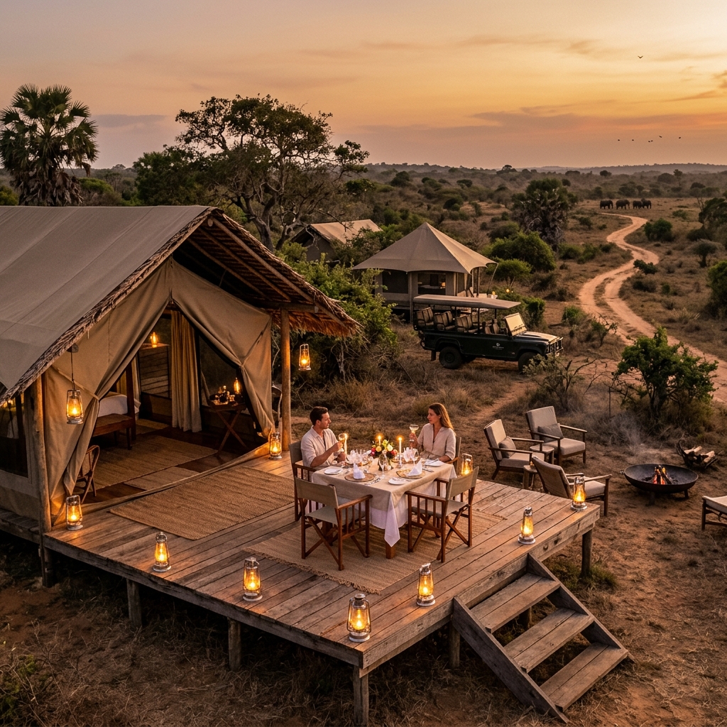 Luxury tented safari camp at golden hour Yala National Park